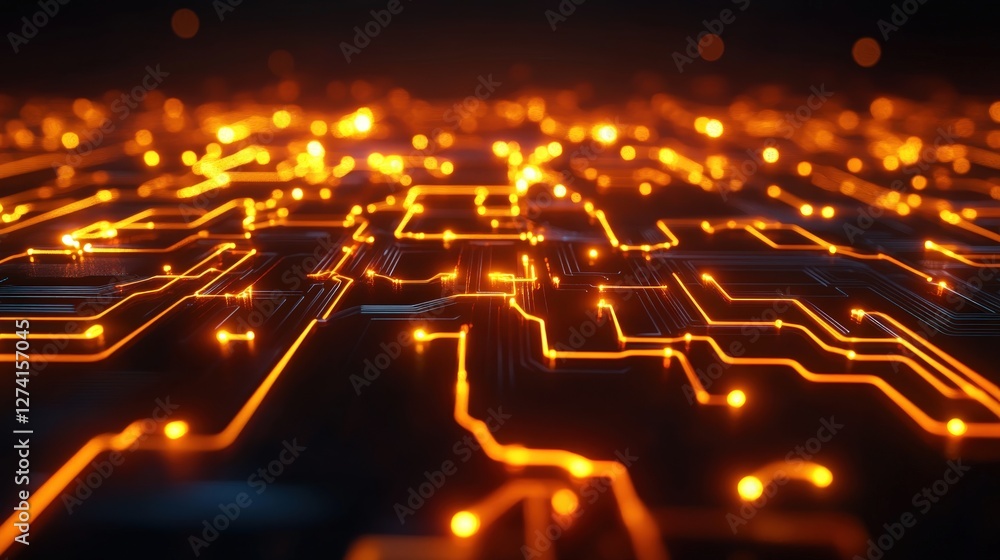 Poster a close-up view of a circuit board illuminated with vibrant orange lines, symbolizing advanced techn