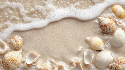 Waves gently wash over sandy beach filled with small shells, capturing the essence of a warm coastal paradise. Generative AI