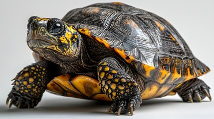 Obraz premium Overweight Turtle Slowly Crawling on White Background with Copyspace