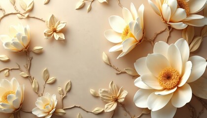 3D mural wallpaper features gold cream flowers leaves branches. Floral vintage design, plant pattern on wall. Elegant backdrop, invitation template. Natural art decor, fashionable metallic