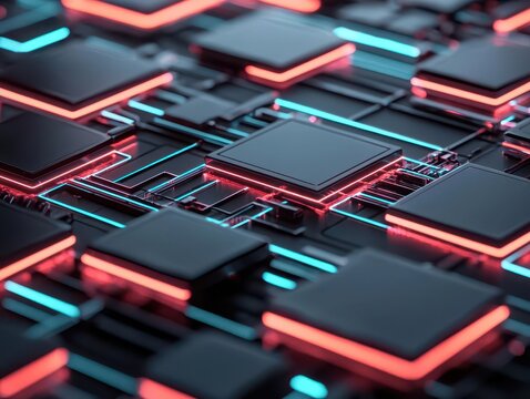 A neon grid of floating quantum circuits dynamically rearranging in response to an AI optimizer