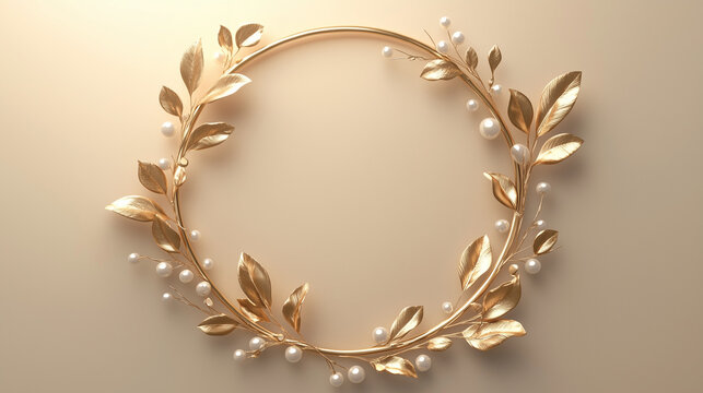 Golden circle border with pearl embellishments and leaves on soft beige background