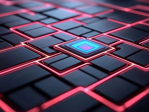 A neon grid of floating quantum circuits dynamically rearranging in response to an AI optimizer