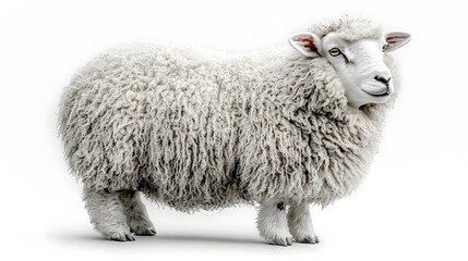 Fototapeta premium Overweight fluffy sheep resembling a giant cotton ball standing on white background
