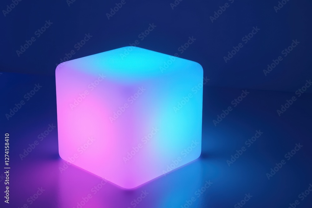 Poster a modern illuminated cube displaying soft pink and blue lights, creating a futuristic atmosphere in 