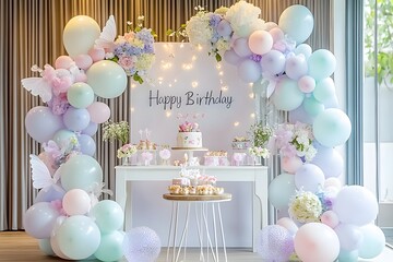 Beautiful Birthday Celebration: A captivating scene of a birthday party with an arch of balloons, a table laden with treats, a cake, and festive decor, exuding joy and celebration.