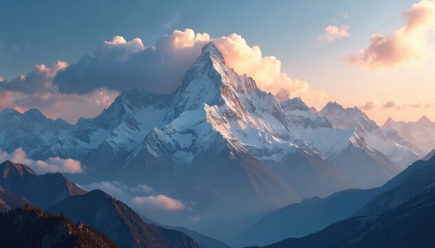 Aerial view of snow covered mountain range at sunset. Pink clouds surround rocky peaks with ice and glaciers. Blue hills and forest foreground. Winter landscape with snowy mountains.