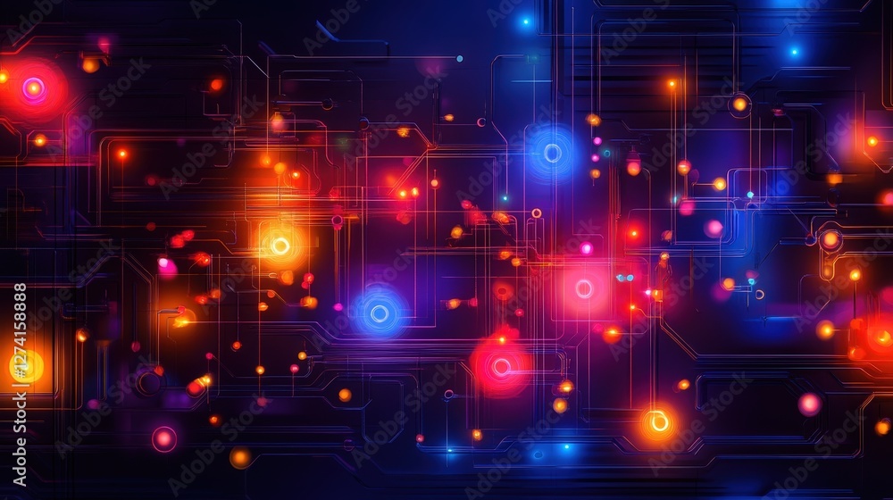 Poster vibrant digital abstract background with glowing circles and lines representing modern technology an