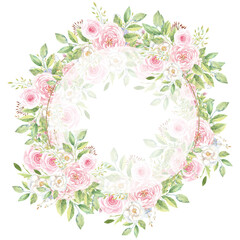 Delicate flower wreath of pink roses. Floral wedding decoration. Frame of pastel flowers.