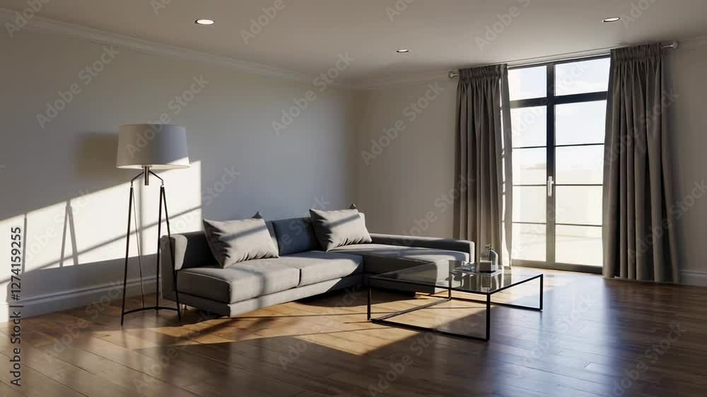 Poster sunlight progressively illuminates a modern living room with a gray sofa, a coffee table, a floor la