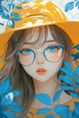 Fototapeta premium Modern stylish illustration with elements of fashion graphics and quotes from anime, a young woman with glasses and a yellow hat among blue leaves, a postcard for women's holidays