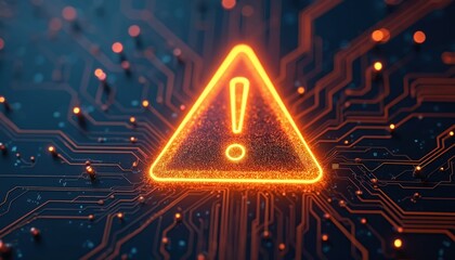 Digital tech system error illustration. Caution warning sign indicates danger, website maintenance. Triangle symbol with exclamation point. Alert attention notice important problem issue. Cyberspace,