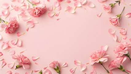 Dreamy Carnation Petals on Pastel Pink Background with Copy Space. Perfect for: Mother's Day, feminine branding, lifestyle magazines