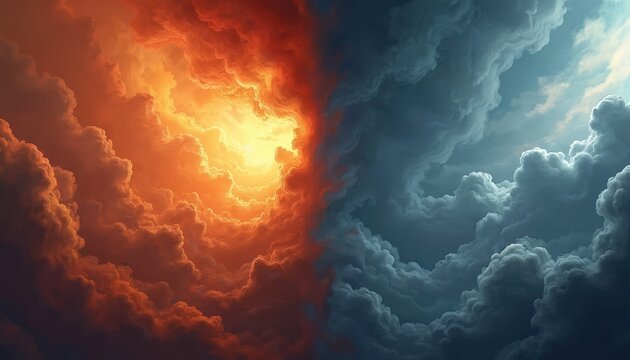 Abstract illustration heaven versus hell concept. Fiery balefire with flames contrasted against cool, calm clouds. Represents conflict between good, evil, dark versus light. Burning fire meets bright