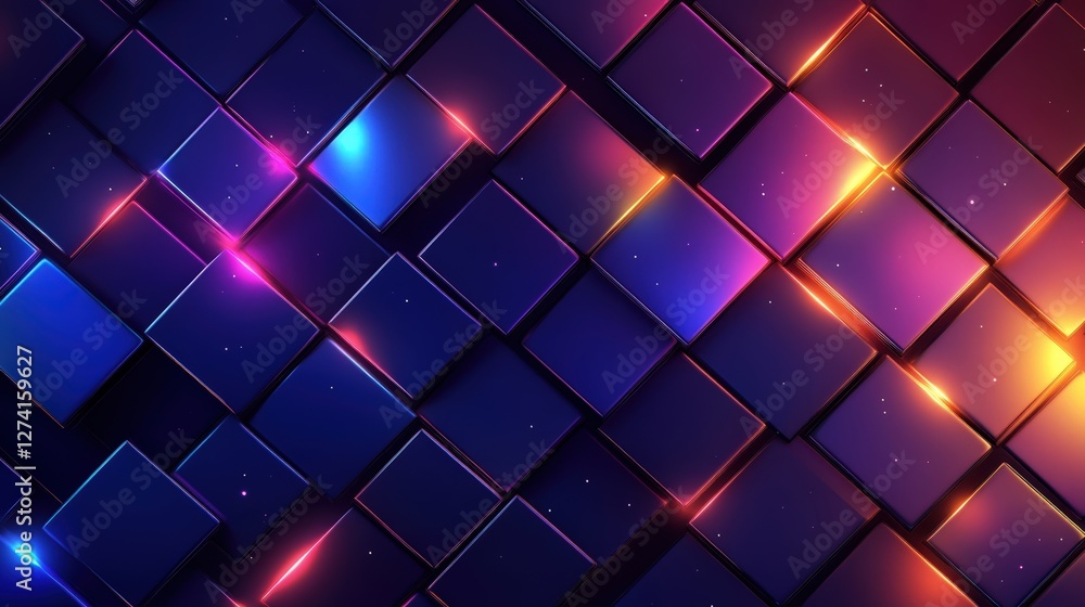 Poster a vibrant and dynamic abstract background featuring illuminated cubes in shades of blue, purple, and