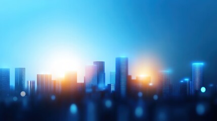 Fototapeta premium A stunning skyline at dawn with glowing buildings illuminated by soft light. The blend of blue and orange hues creates a serene atmosphere, perfect for urban-themed projects.