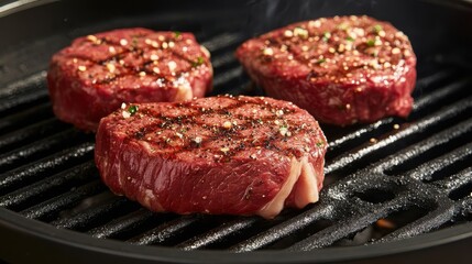 Obraz premium Three Delicious Beef Steaks Grilling On A Hot Grill