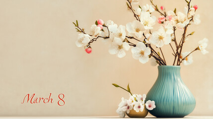 Happy Women's Day postcard with a vase of cherry blossoms on a light background