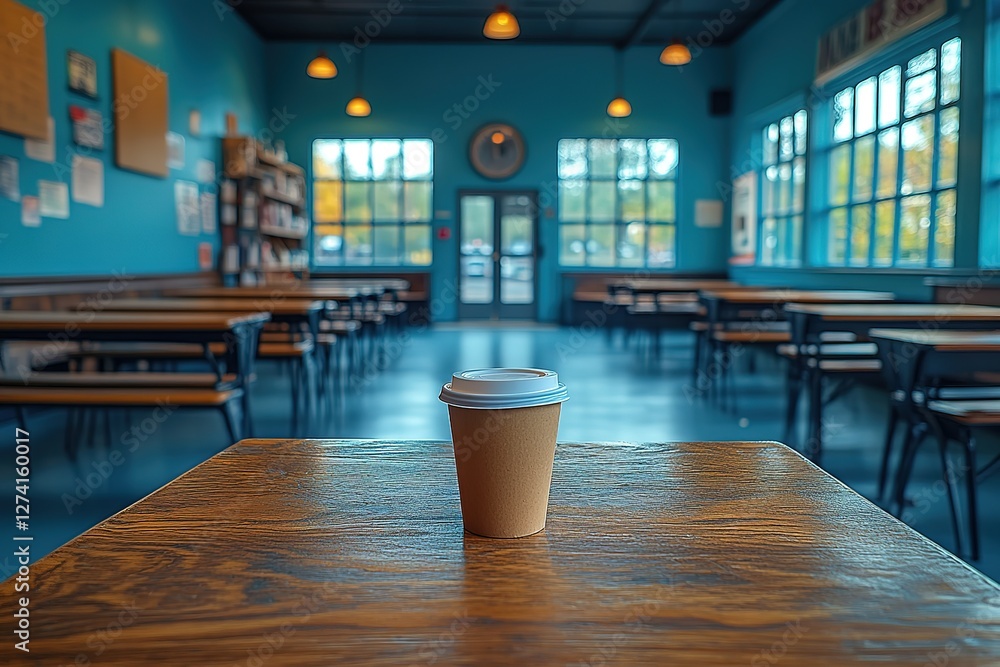 Poster coffee cup on table in a retro-styled cafe inviting atmosphere for studying or relaxing with warm dr