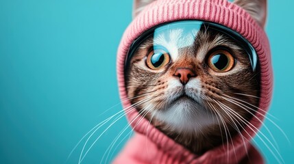 A fashionable cat dressed in space suit attire and sleek goggles captivates with its expressive gaze against a vibrant blue backdrop, exuding an adventurous spirit.