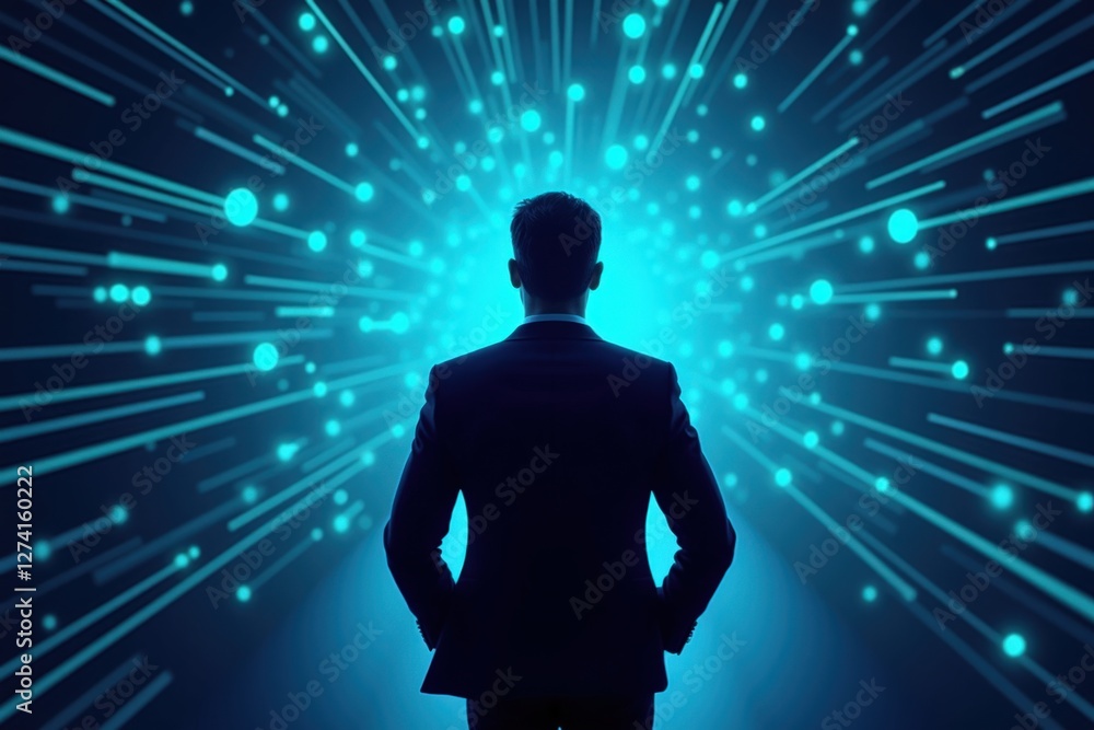 Aufkleber a solo businessman stands in front of a dynamic light display, representing innovation and future te
