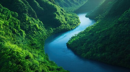 A tranquil landscape showcasing a winding river surrounded by lush green mountains. The sun filters through foliage, creating a serene and peaceful atmosphere in nature.