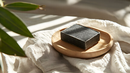 Handcrafted dark soap resting on a wooden dish, capturing the essence of natural skincare and mindful hygiene.