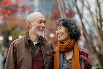 Fototapeta premium Portrait of a jovial mixed race couple in their 40s walking together