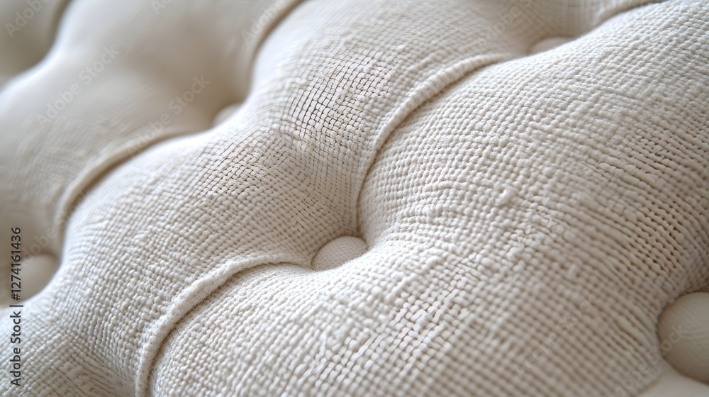 Poster Detailed image of a cream-colored tufted fabric with a soft, elegant texture. Close-up view highlighting the intricate details. Close-up of Elegant Tufted Upholstery: Cream-Colored Fabric Texture