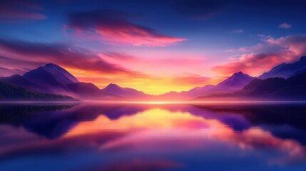A breathtaking sunset reflects over a tranquil lake, surrounded by majestic mountains. The vibrant colors blend harmoniously, creating a peaceful and picturesque nature scene.