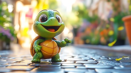 Cute turtle strolling cobblestone street