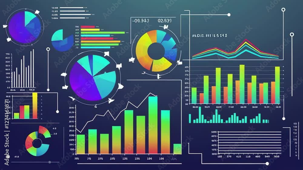 Poster Financial data visualization displaying colorful infographic dashboards with dynamic charts and graphs, highlighting positive growth trends through animated motion graphics