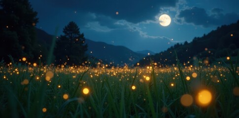 Hundreds of fireflies create a sparkling display in a moonlit meadow , many, enchanting