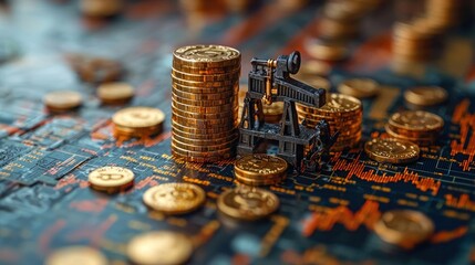 Conceptual visualization of cryptocurrency mining with golden coins and oil rig model