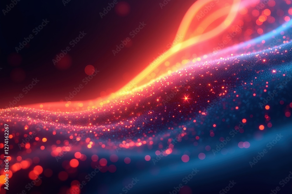 Aufkleber vibrant flowing waves of light with sparkling particles in a dynamic blend of warm red and cool blue