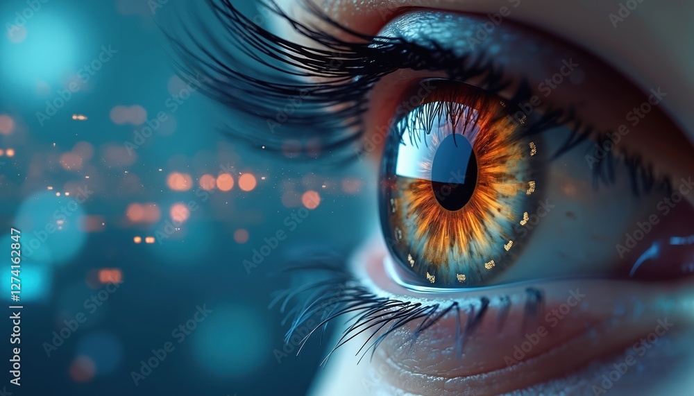Poster macro side view illustration of eye with binary code in iris reflects digital data. cyber security v