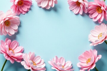 Fototapeta premium Pastel Pink Blossoms Arranged in a Delicate Oval Frame on a Light Blue Background, Perfect for Spring or Summer Greetings