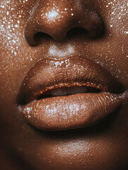 Obraz premium close up of glossy, shimmering lips with glitter on skin, creating glamorous and radiant look. image highlights texture and shine, emphasizing beauty and elegance