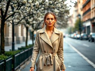 Fototapeta premium Urban Elegance: Woman in Trench on City Street