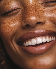 Fototapeta premium close up of smiling black woman with freckles and glossy lips, eyes closed, showcasing natural beauty and joy