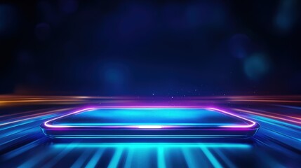 Futuristic digital platform illuminated with vibrant neon lights, creating a dynamic space for innovation and creativity