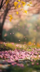 Obraz premium Dreamy spring scene with delicate pink petals drifting through the air, covering the ground in a soft floral carpet, framed by golden leaves and a blurred background of blooming trees.