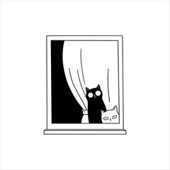 Two cats hiding behind the curtain
