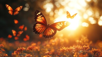 Monarch butterflies in flight at sunset over orange flowers.