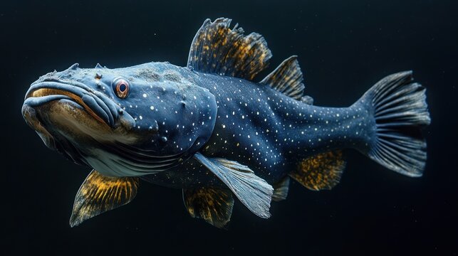 A prehistoric coelacanth fish in deep ocean, dramatic lighting, isolated on black background