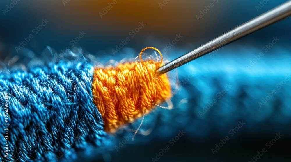 Poster close-up of a needle inserting thread into colorful fabric in a textile crafting setting