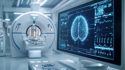 Modern Medical Imaging Room with MRI Machine and Brain Scan Display