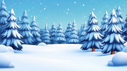 Fototapeta premium A serene winter landscape featuring snow-covered pine trees under a bright blue sky, with gentle snowfall creating a magical and peaceful atmosphere.