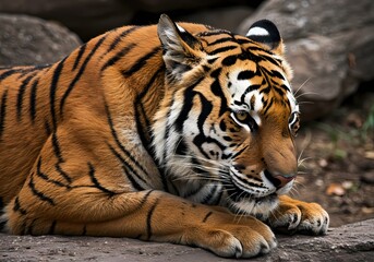 Majestic Tiger in the Wild: Close-Up Portrait of a Fierce Predator in Natural Habitat, Perfect for Wildlife and Nature Themes