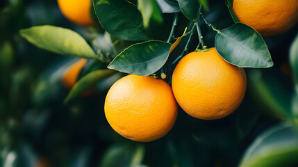 A close-up of an orange tree with green leaves
